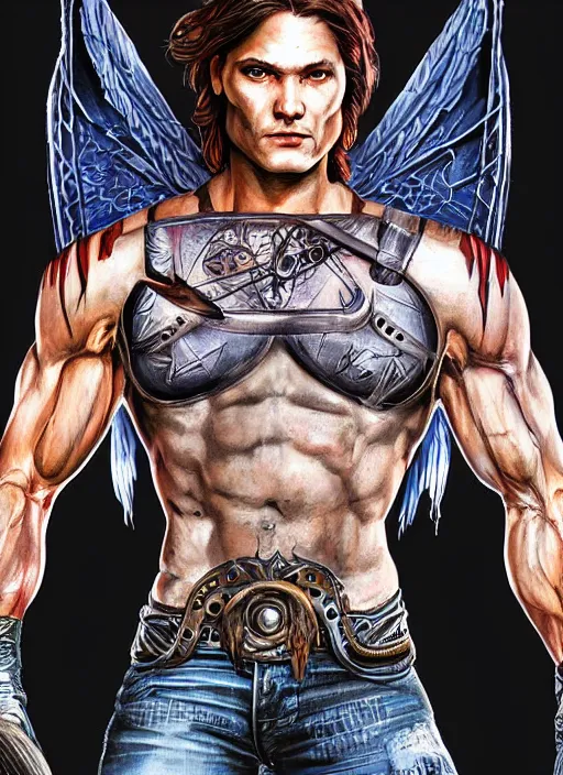 Image similar to front Sam Winchester is a muscular cyborg-angel holding swords metalic wings wide open, teared apart T-Shirt whole body tattooed with runes and satanic symbols, D&D!, fantasy style, sharp focus!, ultra detailed, art by Artgerm and Peter Andrew Jones, WLUP