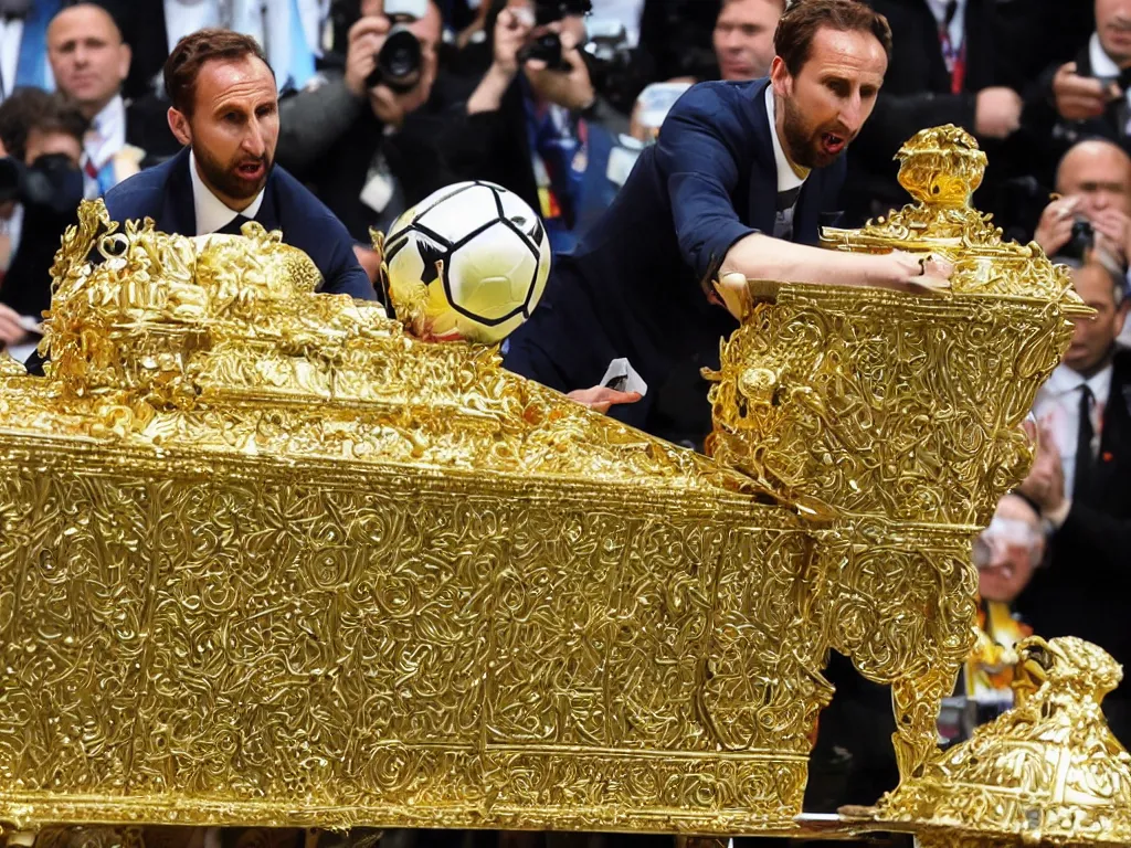 Image similar to a solemn perfect photograph of gareth southgate placing a soccer ball into an intricate gold coffin decorated with hate mail.