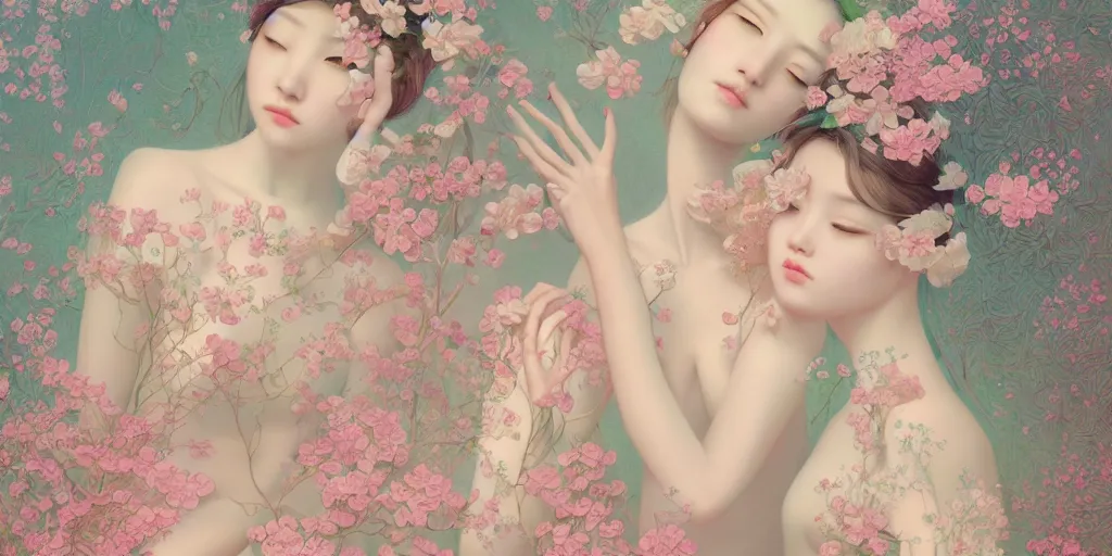 Image similar to breathtaking delicate detailed concept art painting pattern blend of flowers and girls, by hsiao - ron cheng, bizarre compositions, exquisite detail, pastel colors, 8 k