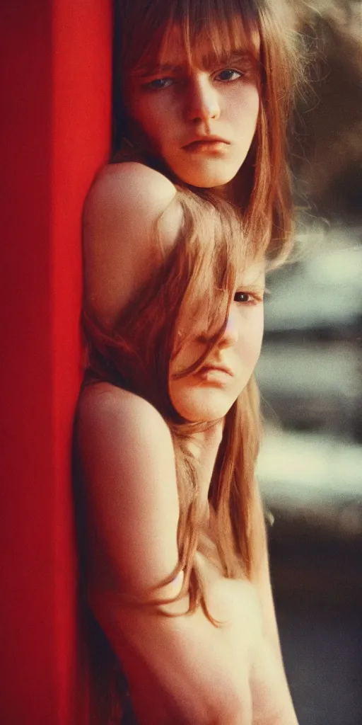 Prompt: film photography from 7 0 s, close - up portrait, young fashion model, red room, soft light, golden hour, in style of street photography from 1 9 7 0