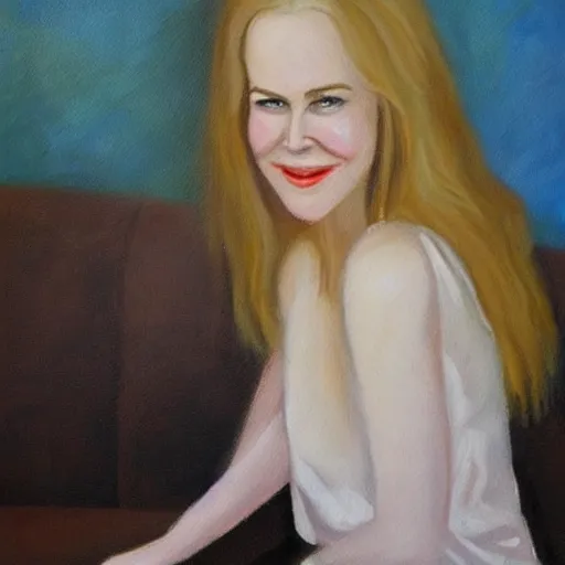 Prompt: “an oil painting portrait of a young Nicole Kidman sitting on a couch, joyful”