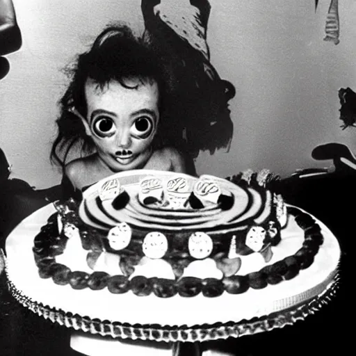 Prompt: Alien from the Alien movies wearing a tutu at his birthday party, nostalgic 90's photo