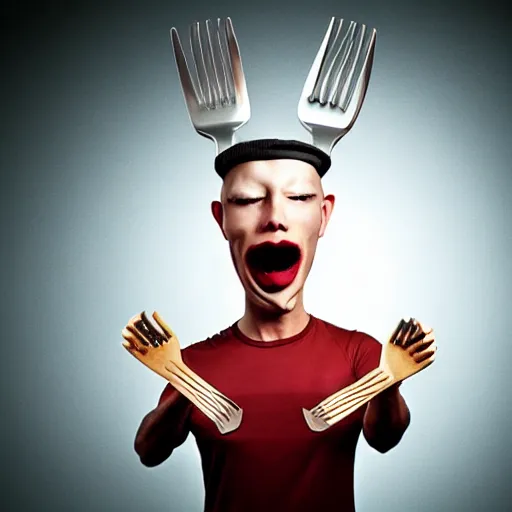 Prompt: anthropromorphic fork man with fork head holding forks, epic fork muscles, hyper realistic high quality professional fork photography