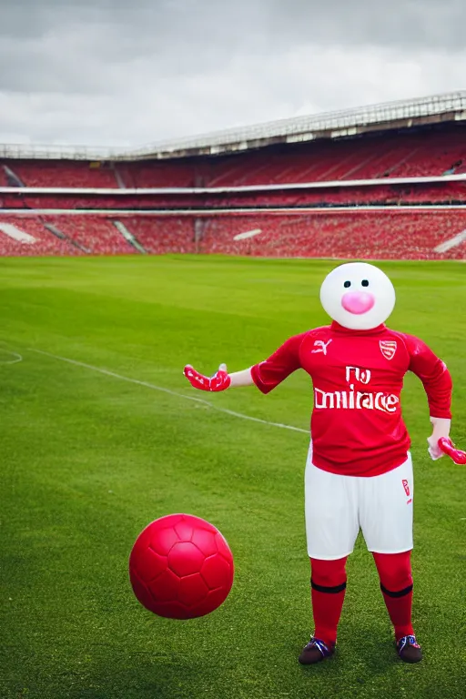 Prompt: mr blobby playing football in the stadium wearing the red and white arsenal shirt, photographed, sunny day, portrait, photographic