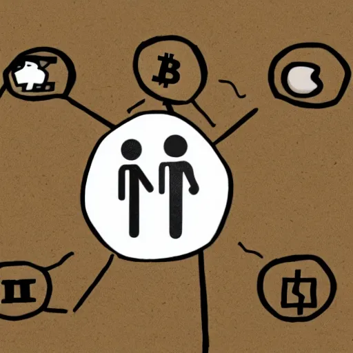 Image similar to detailed stick figure saying goodbye to teamates, cryptocurrency in the background