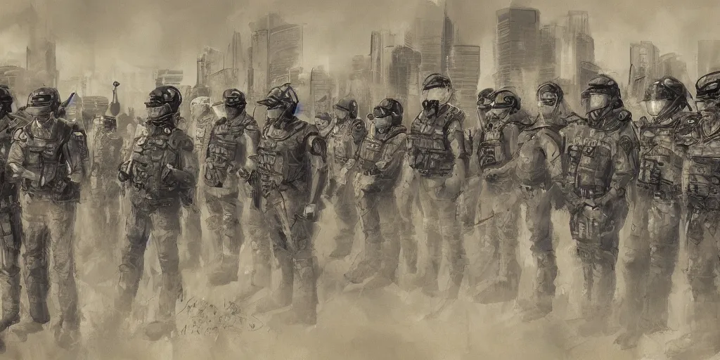 Image similar to few policemans lined up, standing against the protesters with blank posters, сlear sky, concept art, intricate details, highly professionally detailed,, highly detailed -