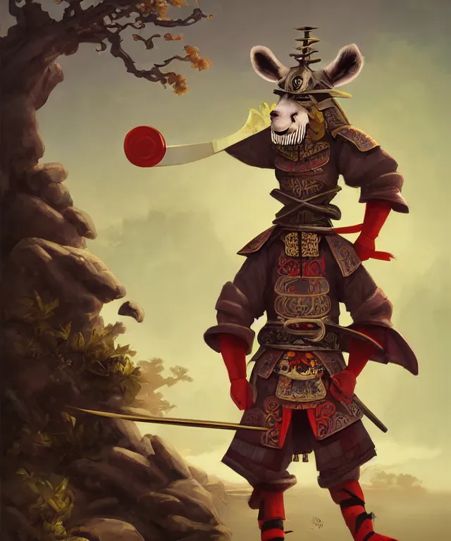 Image similar to anthropomorphic llama samurai eating sushi, samurai outfit, standing in a beautiful landscape, cute and adorable, dnd character art portrait, matte fantasy painting, deviantart artstation, by jason felix by steve argyle by tyler jacobson by peter mohrbacher, cinematic lighting