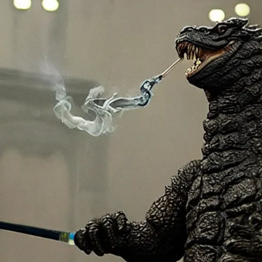 Image similar to godzilla smoking a bong, 5 5 mm