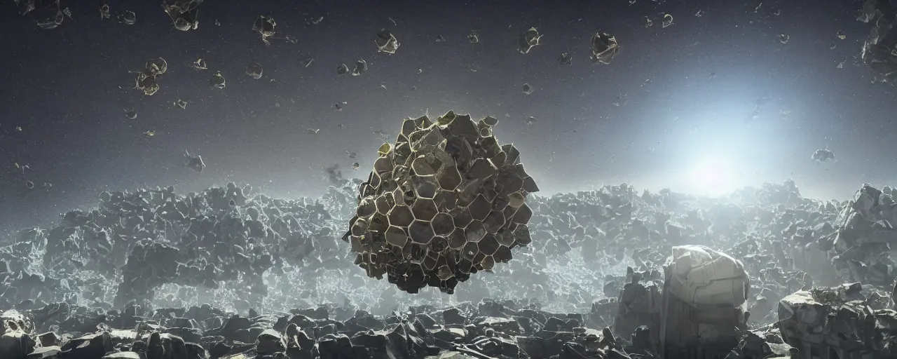 Image similar to movie still, brutalist wasp hive in space, minimalist, fractal asteroids, cell automata, unreal engine, octane render, detailed and intricate, global illumination, volumetric lighting, hubble telescope images, james webb telescope images, detailed and intricate environment