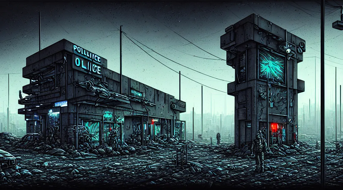 Prompt: post - apocalyptic police station, concrete building, paved roads, by dan mumford, by h. r giger, highly detailed photography, trending on artstation, hyperrealistic, human silhouettes, cyberpunk, environment artist, dystopian, science fiction, synthwave neon retro