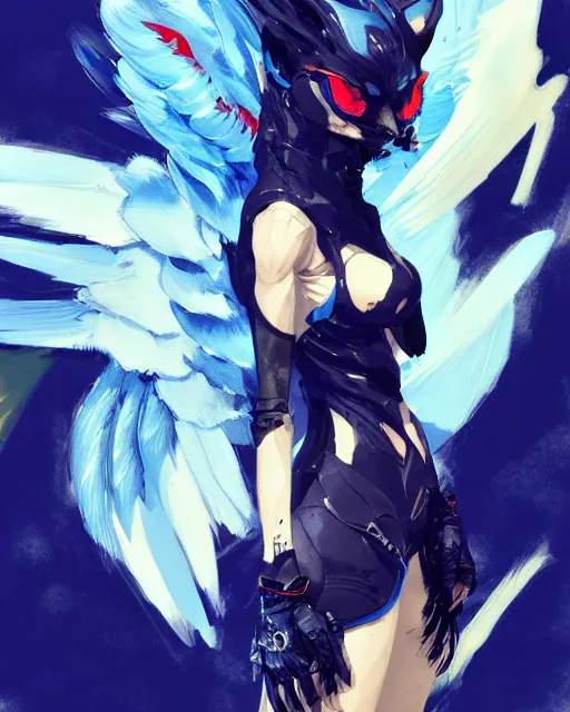 Image similar to concept art of winged wolf neon blue and black, highly detailed painting by dustin nguyen, akihiko yoshida, greg tocchini, 4 k, trending on artstation, 8 k