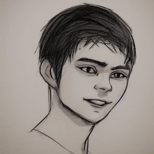 Image similar to sketch of a teenage boy with very short side part hair smiling trending on artstation