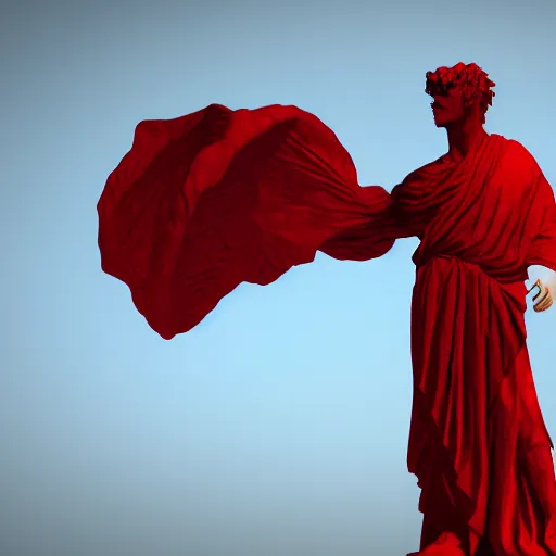 Image similar to a roman statue covered by red cloth that's blowing in the wind, digital art, concept art, cloth simulation with houdini, octane, redshift, 8 k