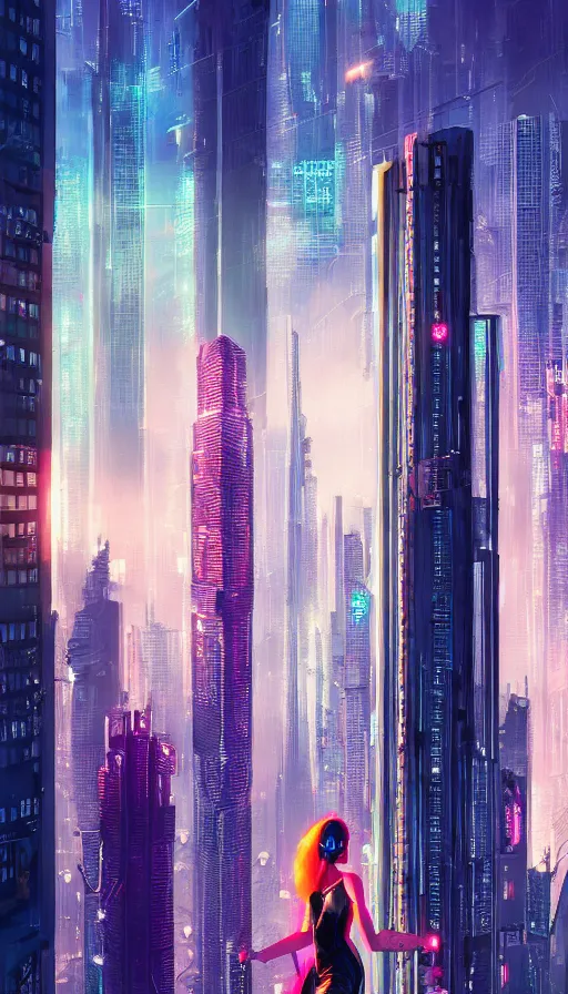Prompt: photo of cyberpunk show girl on a roof, looking up at cityscape of vertical cyberpunk city with high towers, shanghai, by Alena Aenami and blade runner and akira,