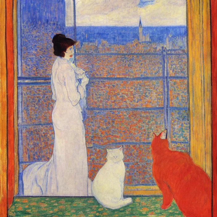 Prompt: woman in vermillion dress and white cat with city with gothic cathedral seen from a window frame with curtains. thunderstorm. bonnard, henri de toulouse - lautrec, utamaro, matisse, monet