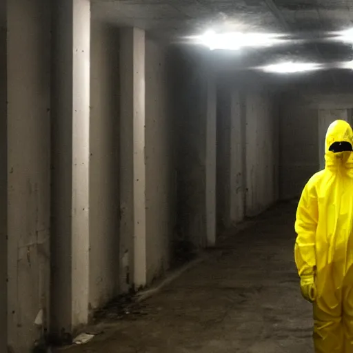 Image similar to a man wearing a yellow hazmat suit inside the very dark empty unsettling creepy backrooms, liminal space, flickering fluorescent lights, eerie mood