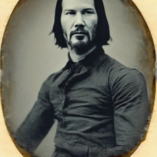 Image similar to daguerreotype of Keanu reeves, old photograph, aged, weathered