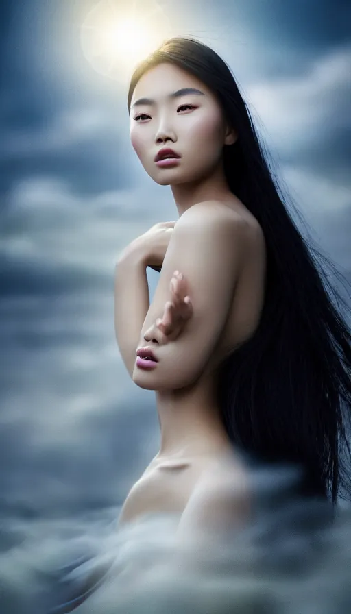 Image similar to photo of a gorgeous young asian girl , full body, high fashion model, searching for eternity, cloud goddess, duality, far away dreamy atmosphere, rays of light, deep shadows, demons in the style of stefan kostic, hyper realistic, sharp focus, 8k high definition, high fashion, vogue, insanely detailed, intricate, elegant, art by stanley lau and artgerm, brom