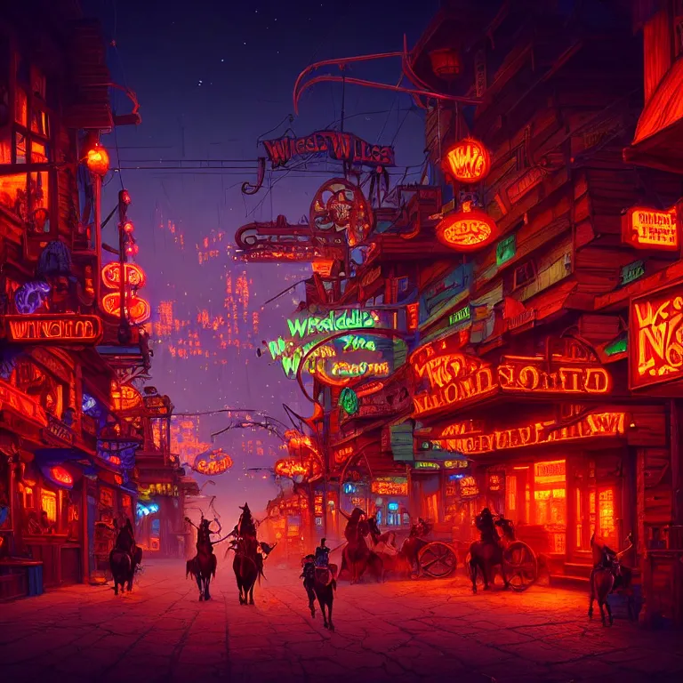 Prompt: A street-level view of a magical wild-west town at night with wooden buildings and colorful neon lights; beautiful, dangerous, detailed, best on artstation, cgsociety, wlop, cosmic, epic, stunning, gorgeous, masterpiece