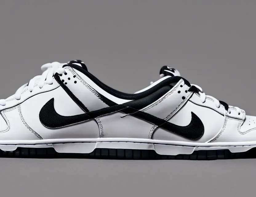 Image similar to a press photograph of nike dunk low white and black, size 1 0, white background