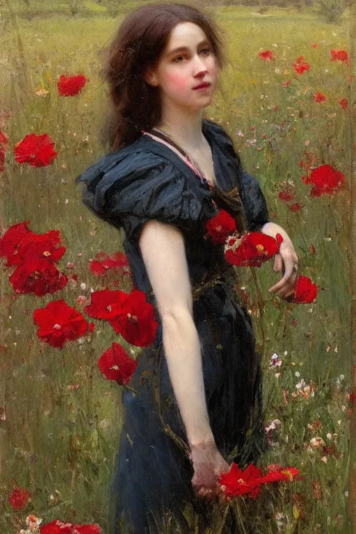 Image similar to Solomon Joseph Solomon and Richard Schmid and Jeremy Lipking victorian genre painting portrait painting of an beautiful slender cottagecore girl in an open field of flowers, red background