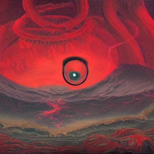 Image similar to translucent fleshy column of gory tendrils holding up a giant all - seeing eyeball, sharp mountains in the distance, dark red sky, smoke rising, apocalyptic, extremely detailed