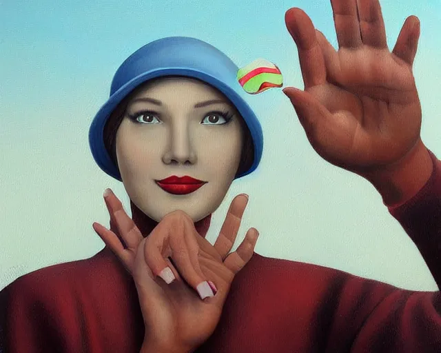 Image similar to a painting of a person waving hello, an ultrafine detailed painting by rafal olbinski, behance contest winner, pop surrealism, detailed painting, very detailed, minimalist, skeuomorphic, airbrush art