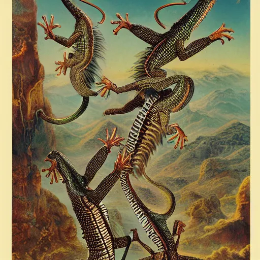 Prompt: dancing lizards by ernst haeckel, highly detailed matte painting, 8k