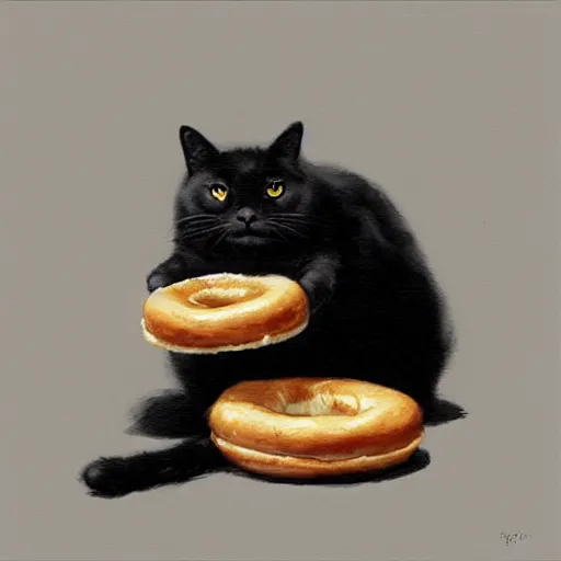 Image similar to a black fat cat holding a bagel!, art by greg rutkowski