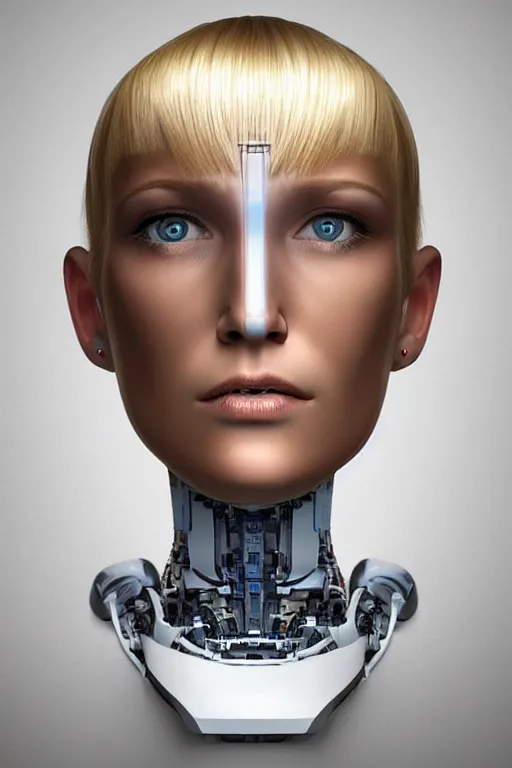 Prompt: robot with human face, female head, woman human face, human face realistic, human head, human head with blonde hair, blonde hair human head, blonde hair, human realistic face, human head skin, cyborg frame concept, cyborg by ales-kotnik, sci-fi android female