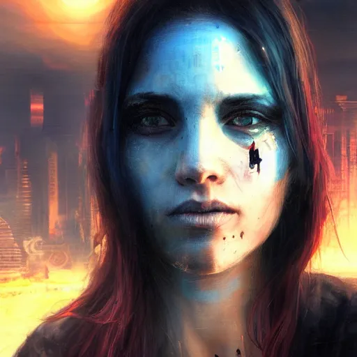 Image similar to molly millions, closeup portrait of a young beautiful cyberpunk woman, white eyes, black hair in a rough shag, sunset, neuromancer, street samurai, cyberpunk city background, megacity, gorgeous view, depth, painted by seb mckinnon, high detail, digital art, painted by greg rutkowski, trending on artstation