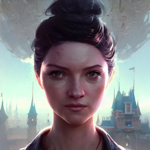 Prompt: highly detailed closeup portrait of a female assassin, in disney, stephen bliss, unreal engine, art by greg rutkowski, loish, rhads, ferdinand knab, makoto shinkai and lois van baarle, ilya kuvshinov, rossdraws, tom bagshaw, global illumination, radiant light, detailed and intricate environment