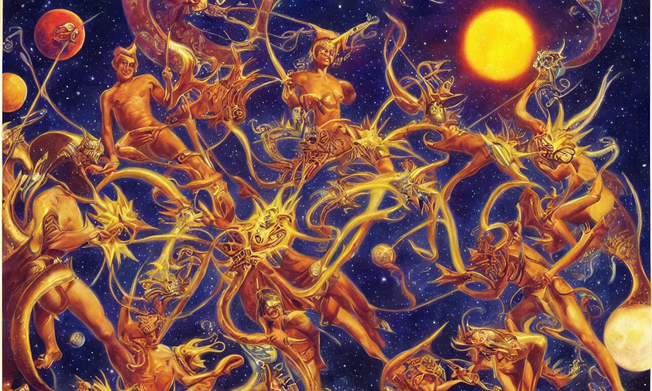 Prompt: sun king and moon boys in the cosmic court of mystical astronomy, art by boris vallejo and manuel sanjulian