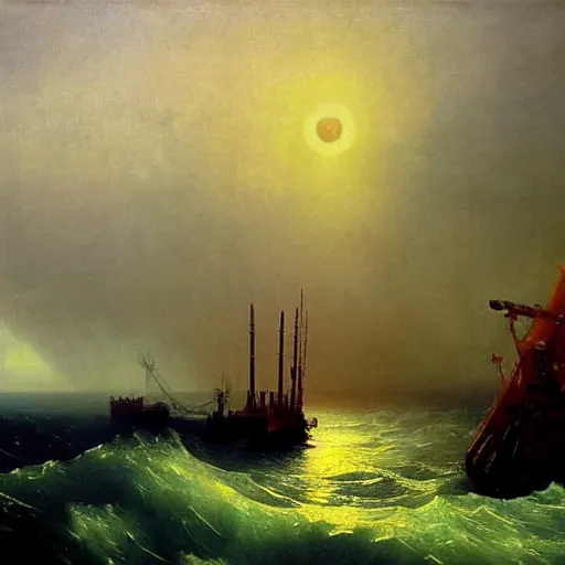 Image similar to post apocalyptic oil rig by aivazovsky, oil on canvas, highly detailed, masterpiece painting