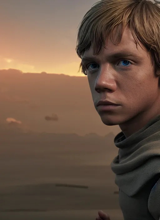 Image similar to portrait of young luke skywalker in a heroic action pose against a tatooine sunset, close up, dramatic lighting, octane render, digital art