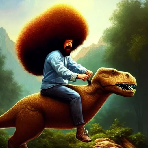 Prompt: bob ross!!! riding!!! a dinosaur!!, giant afro!, model pose, ultra realistic, concept art, intricate details, highly detailed, photorealistic, octane render, 8 k, unreal engine. art by artgerm and greg rutkowski and alphonse mucha