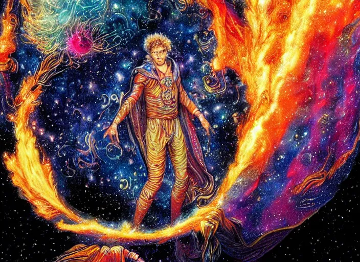 Image similar to high intricate colored ink drawing of the sandman holding a glimmering fire - galaxy, full shot, neil gaiman, maria panfilova, andrea savchenko, mike kime, ludovic plouffe, qi sheng luo, oliver cook, julian calle, eddie mendoza, trending on artstation