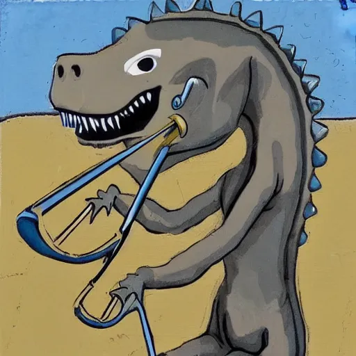 Image similar to a dinosaur with trombones for arms and horns