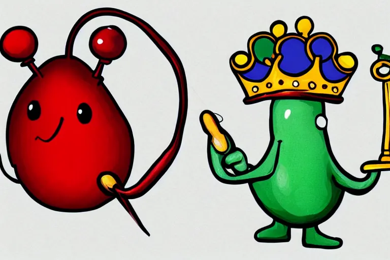 Image similar to kidney bean holding a staff, wearing crown, cartoon character, digital art, fun,