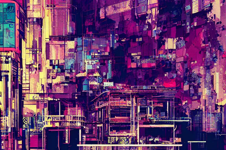 Image similar to architecture collage by atelier olschinsky, cyberpunk, (high contrast), ((oversaturated)), grafitti paint