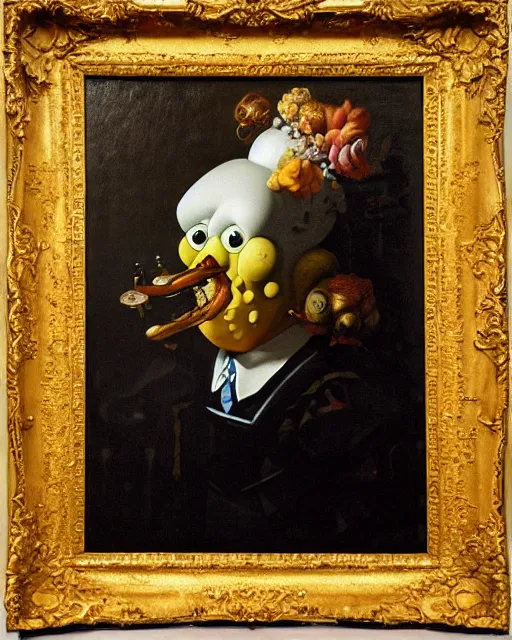 Image similar to refined gorgeous blended oil painting with black background by christian rex van minnen rachel ruysch dali todd schorr of a chiaroscuro portrait of spongebob squarepants dutch golden age vanitas intense chiaroscuro cast shadows obscuring features dramatic lighting perfect symmetry perfect composition masterpiece