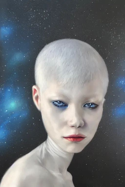 Image similar to hyperrealism oil painting, close - up portrait of albino medieval fashion model, black silk, steel gradient mixed with nebula sky, in style of baroque