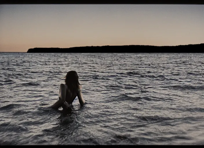 Prompt: photography, woman swimming in ocean at night, 35mm film,