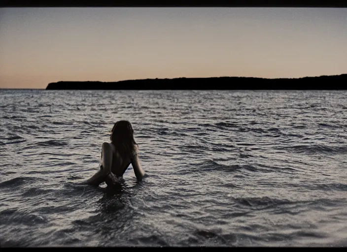 Image similar to photography, woman swimming in ocean at night, 35mm film,