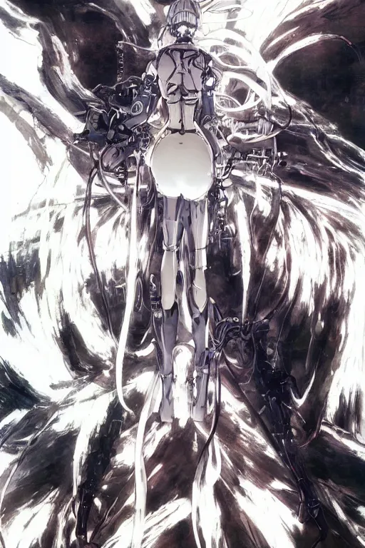Prompt: beautiful coherent award-winning manga OVA DVD cover art of a mysterious lonely cyborg anime woman wearing a plugsuit and traversing an endless concrete hallway, anime, animated, painted by tsutomu nihei