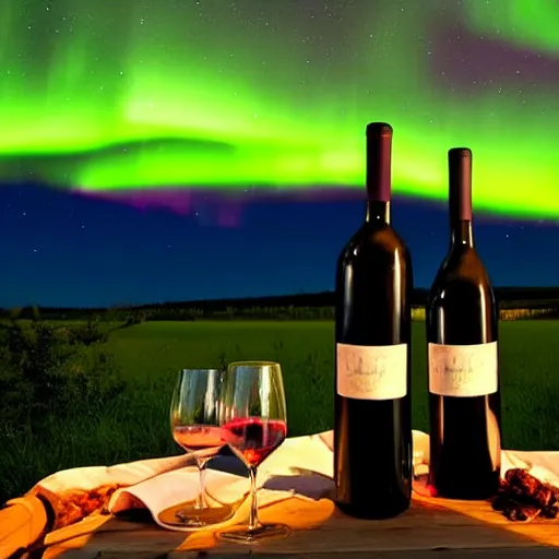 Prompt: romantic picnic with wine bottles under an aurora borealis