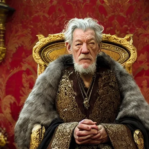 Image similar to Ian McKellen as Ivan the Terrible in 'The Tsar' (2019), movie still frame