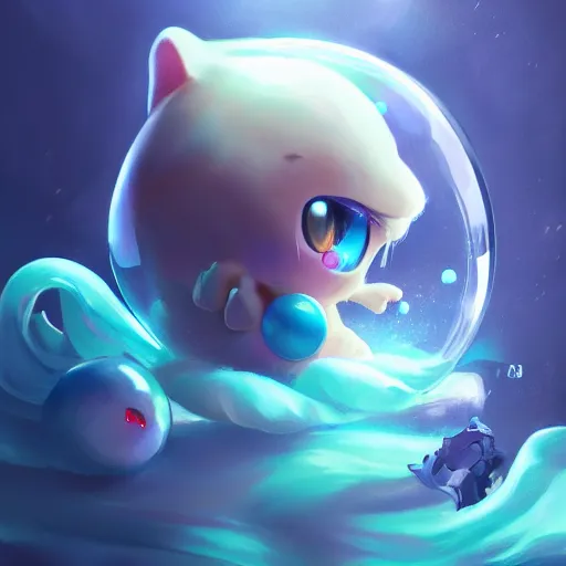 Image similar to cinematic portrait of cute aqua Mew riding large blue bubble, oil on canvas, epic masterpiece, trending on artstation, featured on pixiv, cinematic composition, dramatic pose, beautiful lighting, sharp, details, hyper-detailed, HD, HDR, 4K, 8K