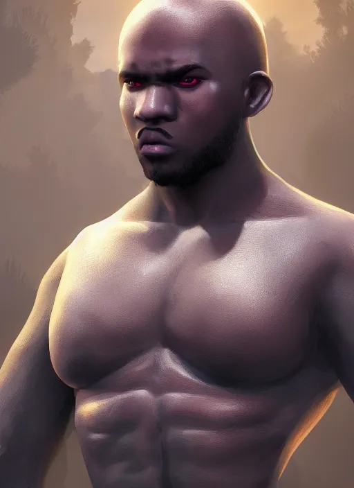 Prompt: An epic fantasy comic book style portrait painting of a young dark skinned thief with big shoulders and bald hair, unreal 5, DAZ, hyperrealistic, octane render, cosplay, RPG portrait, dynamic lighting