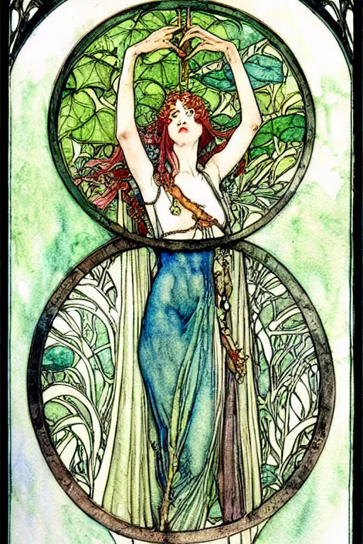 Image similar to elven art nouveau goblet of win watercolor painting in the center of a circular frame of leaves, art by walter crane and arthur rackham, illustration style, watercolor